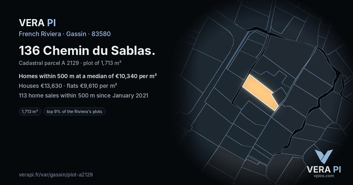 136 Chemin du Sablas, Gassin at night – the plot lit, the parcels around coloured by the prices near them