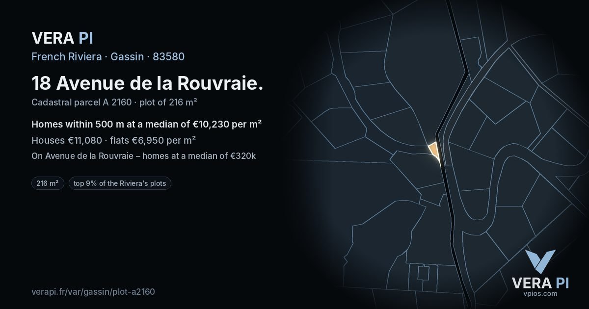 18 Avenue de la Rouvraie, Gassin at night – the plot lit, the parcels around coloured by the prices near them