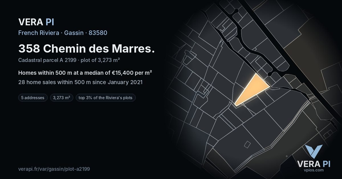 358 Chemin des Marres, Gassin at night – the plot lit, the parcels around coloured by the prices near them