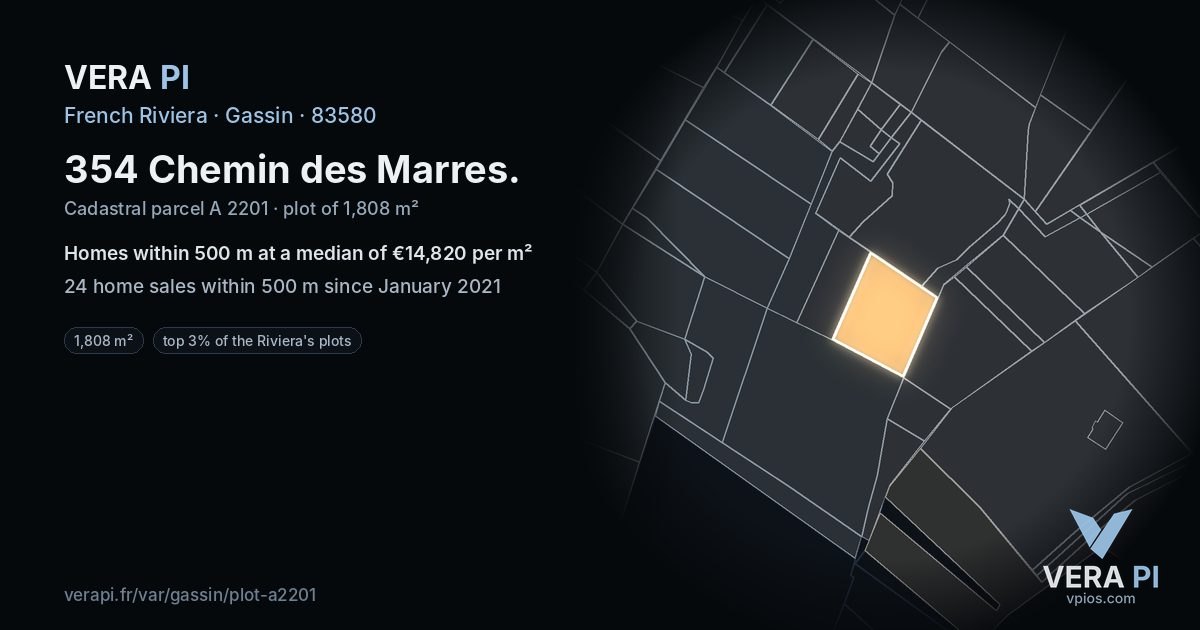 354 Chemin des Marres, Gassin at night – the plot lit, the parcels around coloured by the prices near them