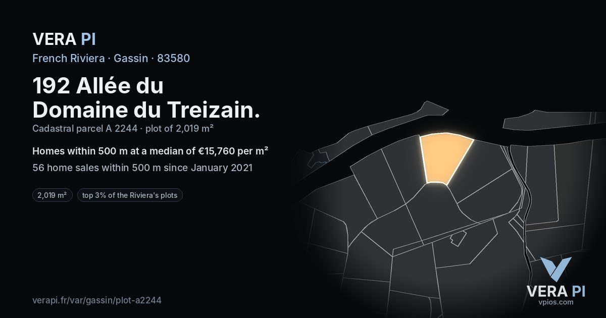 192 Allée du Domaine du Treizain, Gassin at night – the plot lit, the parcels around coloured by the prices near them