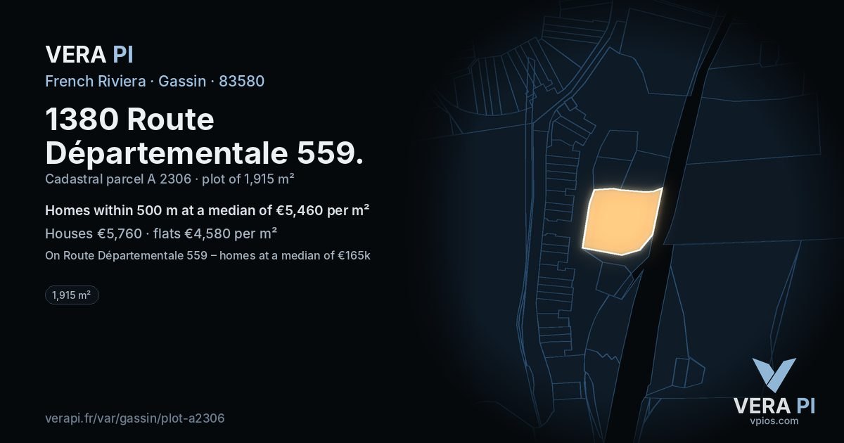 1380 Route Départementale 559, Gassin at night – the plot lit, the parcels around coloured by the prices near them