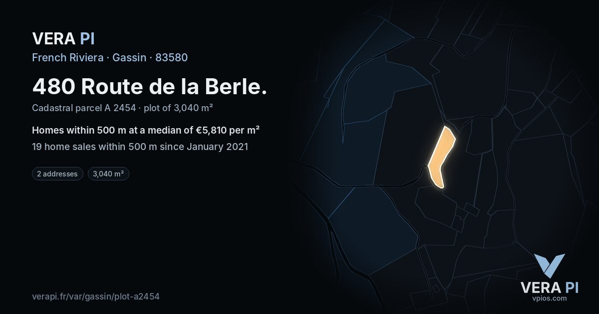 480 Route de la Berle, Gassin at night – the plot lit, the parcels around coloured by the prices near them