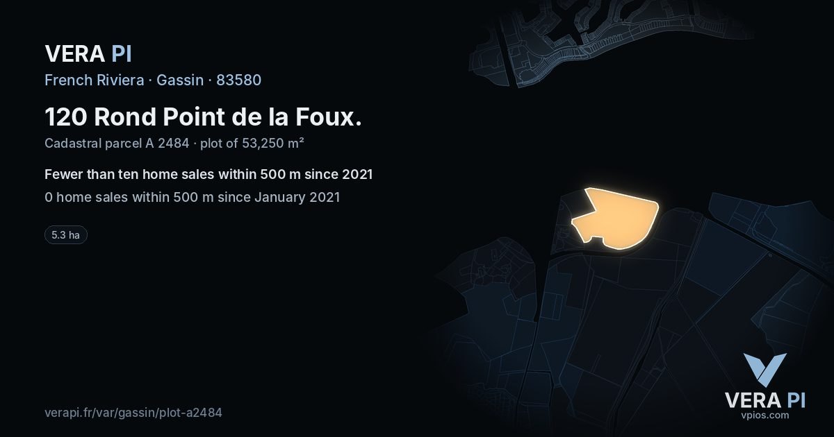 120 Rond Point de la Foux, Gassin at night – the plot lit, the parcels around coloured by the prices near them