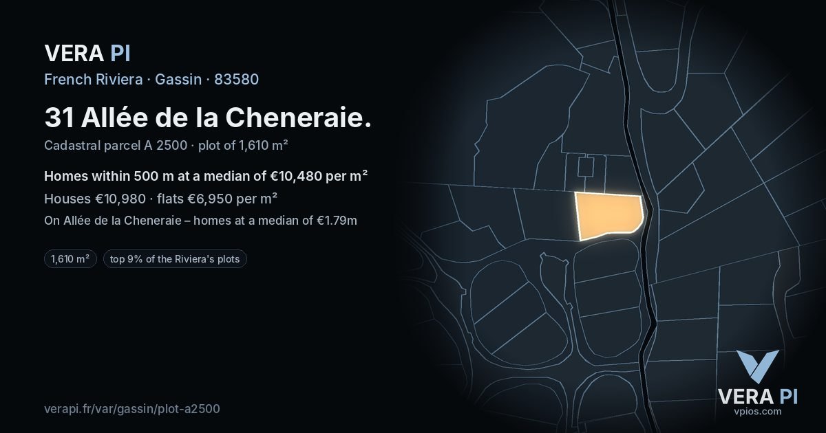 31 Allée de la Cheneraie, Gassin at night – the plot lit, the parcels around coloured by the prices near them