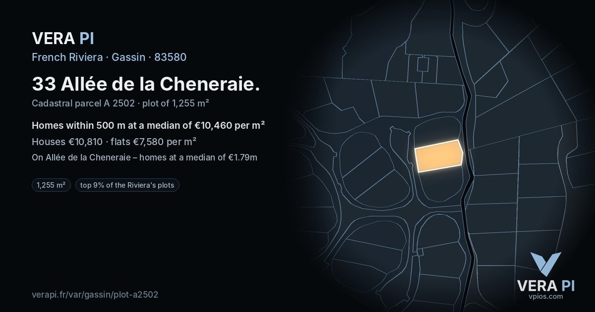 33 Allée de la Cheneraie, Gassin at night – the plot lit, the parcels around coloured by the prices near them