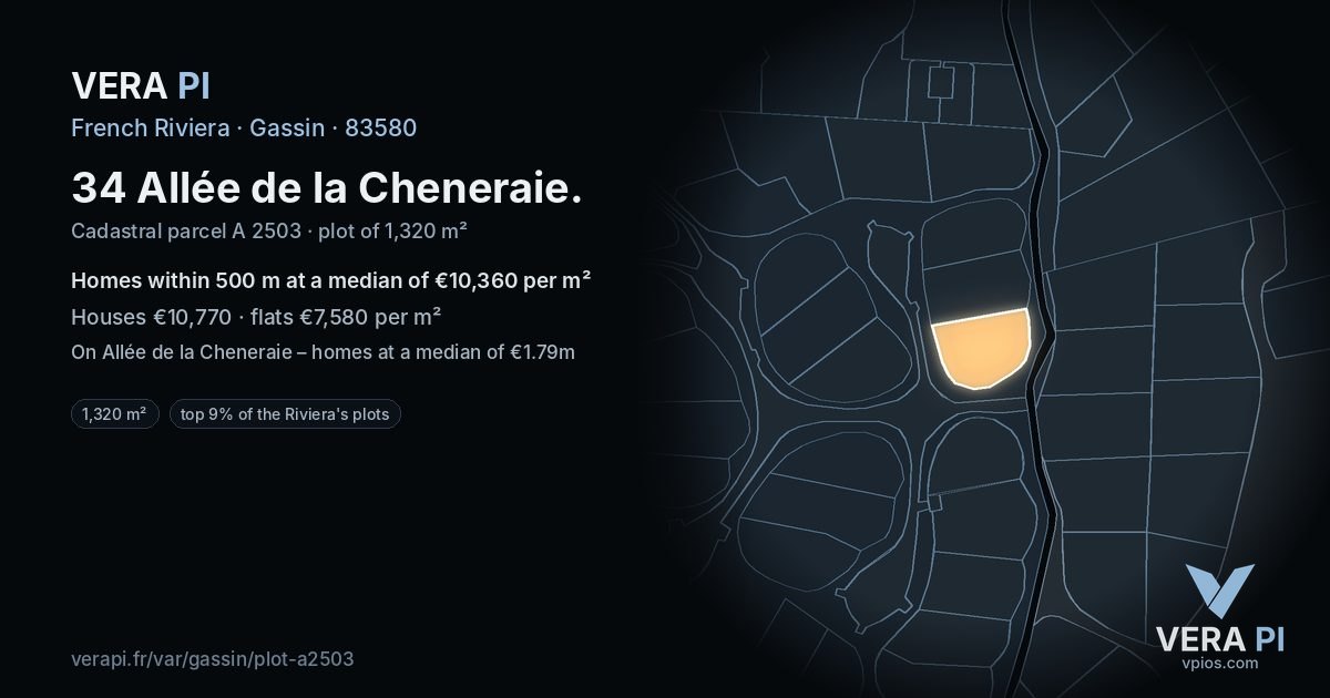 34 Allée de la Cheneraie, Gassin at night – the plot lit, the parcels around coloured by the prices near them