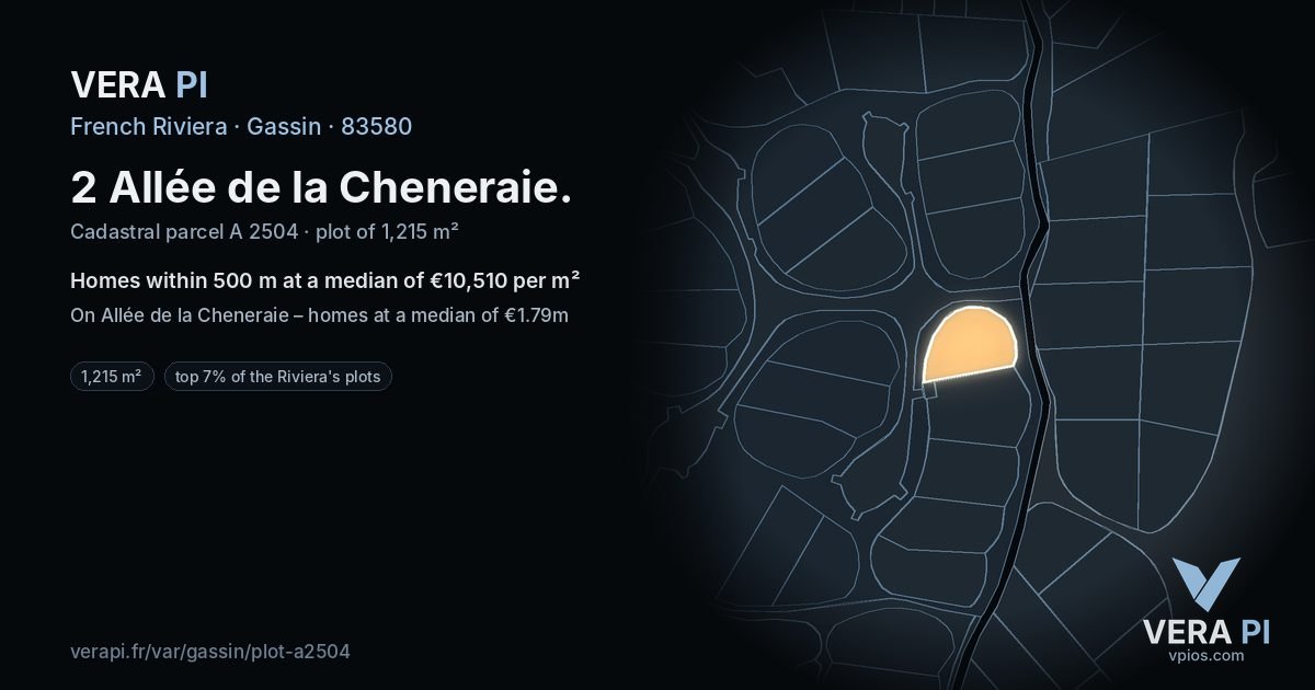 2 Allée de la Cheneraie, Gassin at night – the plot lit, the parcels around coloured by the prices near them