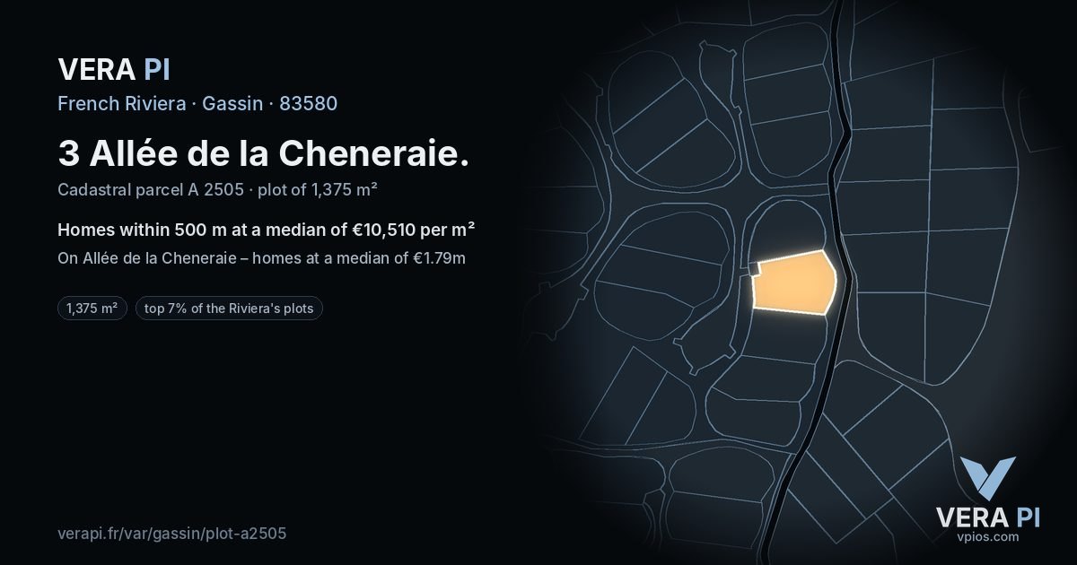 3 Allée de la Cheneraie, Gassin at night – the plot lit, the parcels around coloured by the prices near them