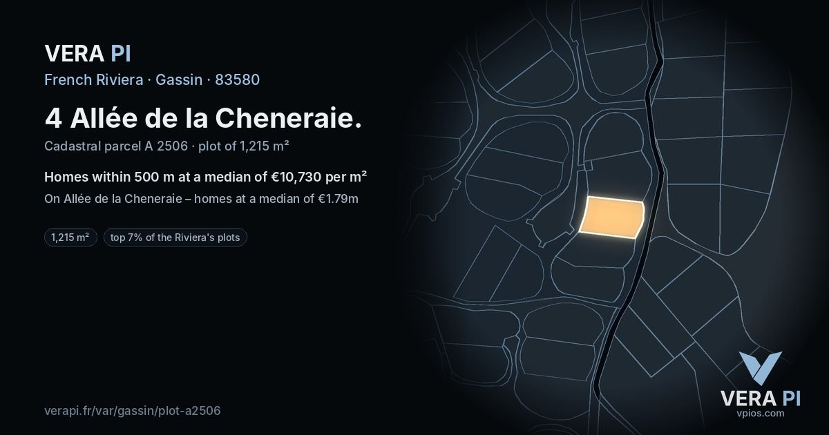 4 Allée de la Cheneraie, Gassin at night – the plot lit, the parcels around coloured by the prices near them