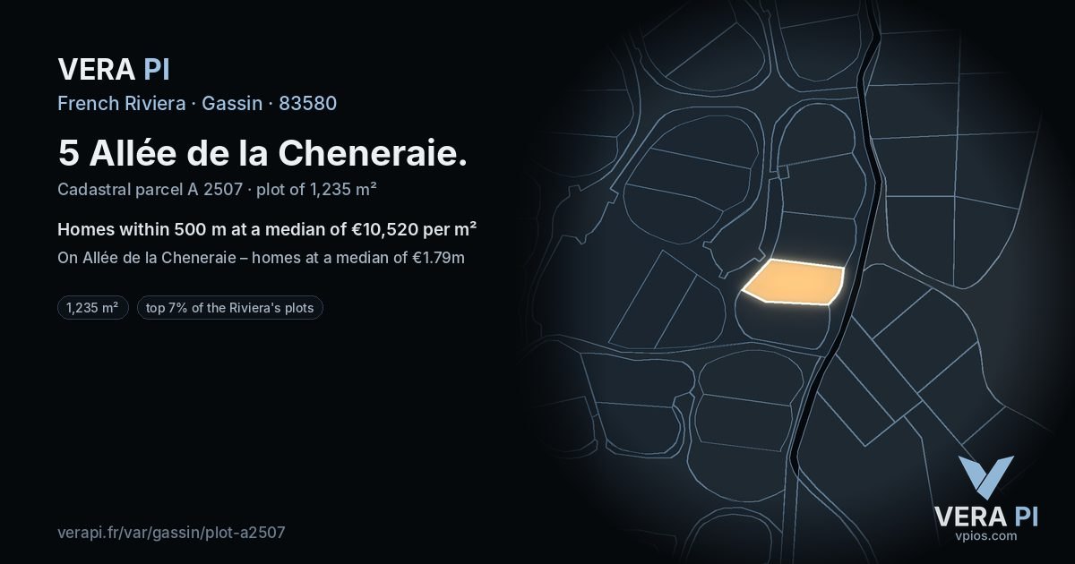 5 Allée de la Cheneraie, Gassin at night – the plot lit, the parcels around coloured by the prices near them
