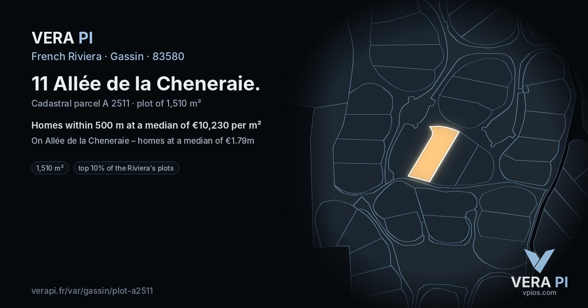 11 Allée de la Cheneraie, Gassin at night – the plot lit, the parcels around coloured by the prices near them