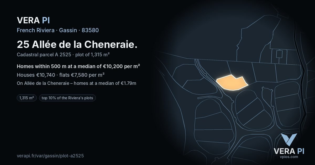 25 Allée de la Cheneraie, Gassin at night – the plot lit, the parcels around coloured by the prices near them