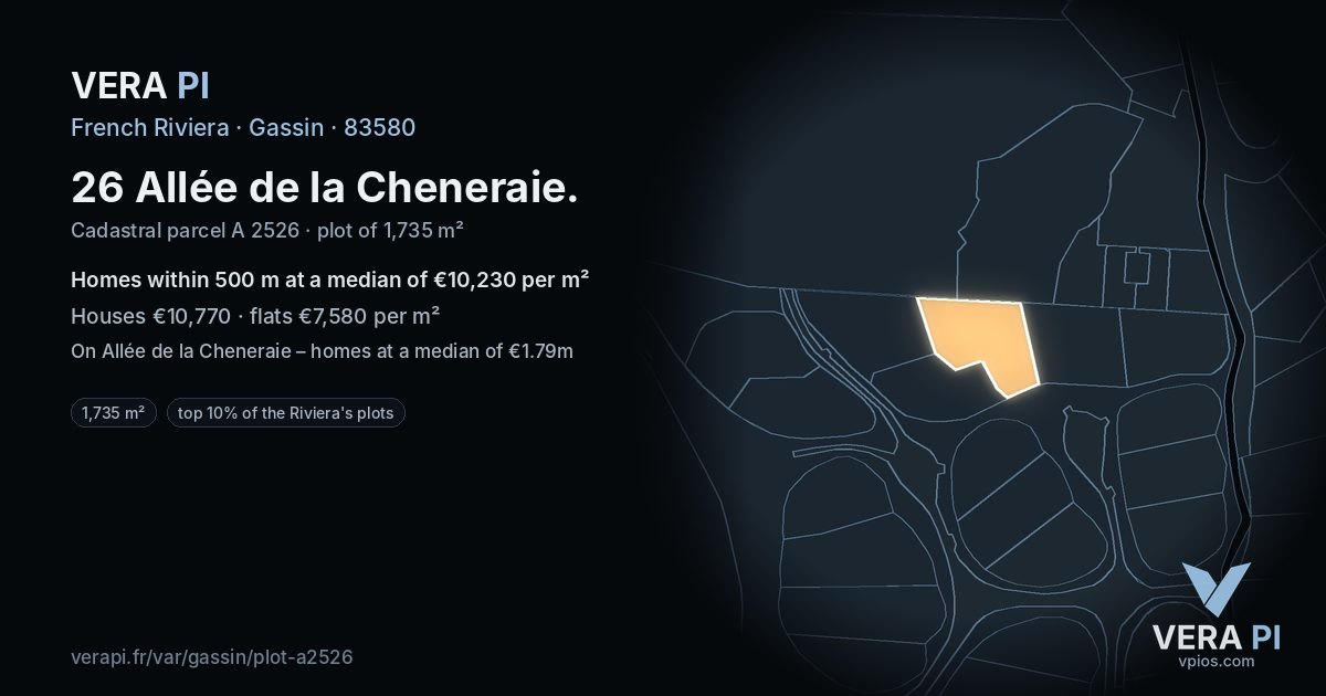 26 Allée de la Cheneraie, Gassin at night – the plot lit, the parcels around coloured by the prices near them