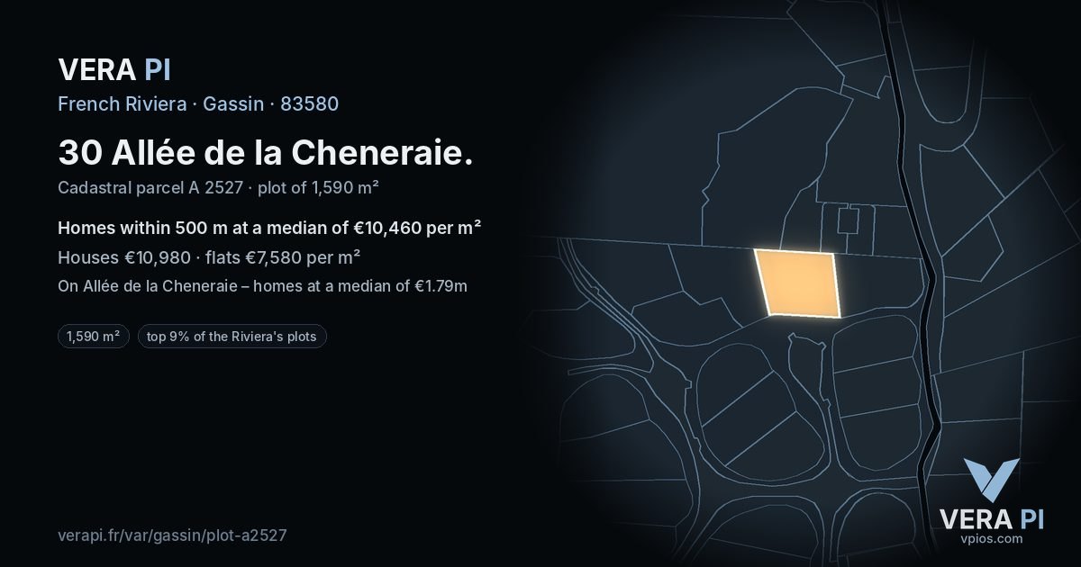 30 Allée de la Cheneraie, Gassin at night – the plot lit, the parcels around coloured by the prices near them