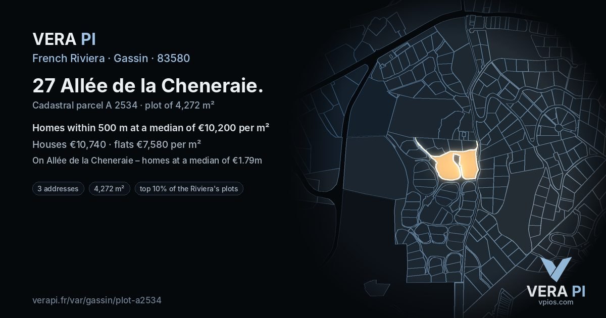 27 Allée de la Cheneraie, Gassin at night – the plot lit, the parcels around coloured by the prices near them