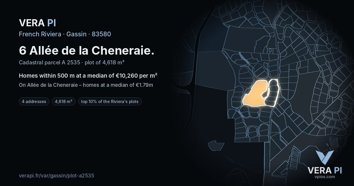 6 Allée de la Cheneraie, Gassin at night – the plot lit, the parcels around coloured by the prices near them