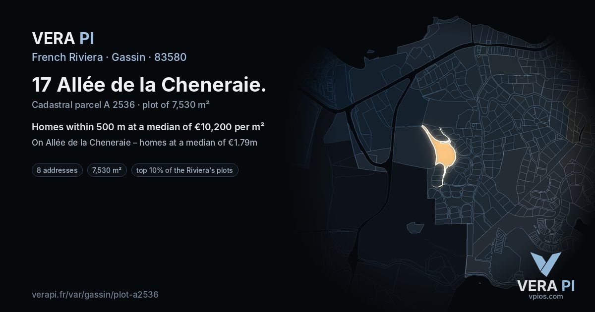 17 Allée de la Cheneraie, Gassin at night – the plot lit, the parcels around coloured by the prices near them