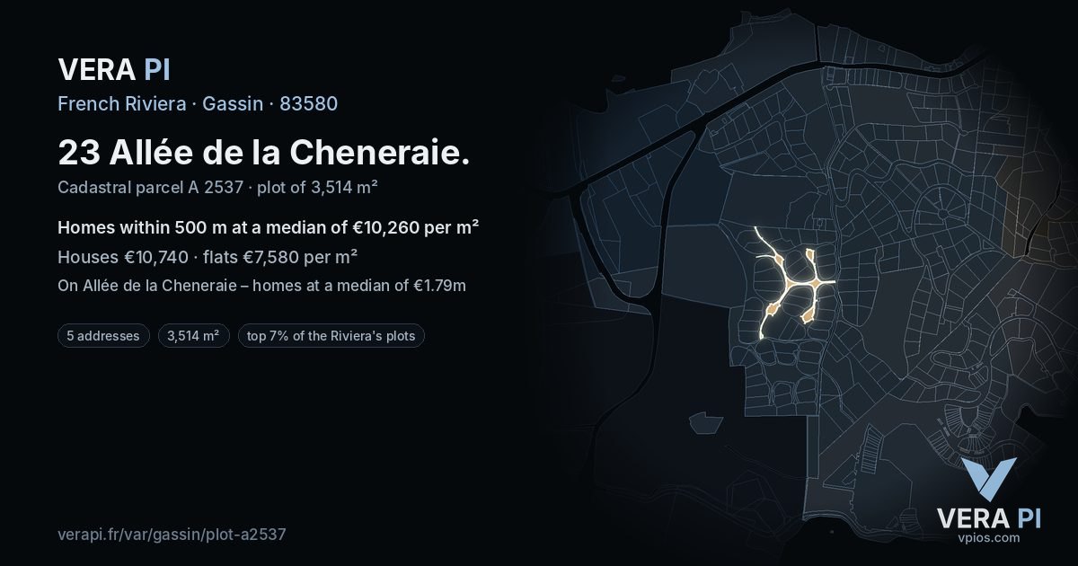 23 Allée de la Cheneraie, Gassin at night – the plot lit, the parcels around coloured by the prices near them