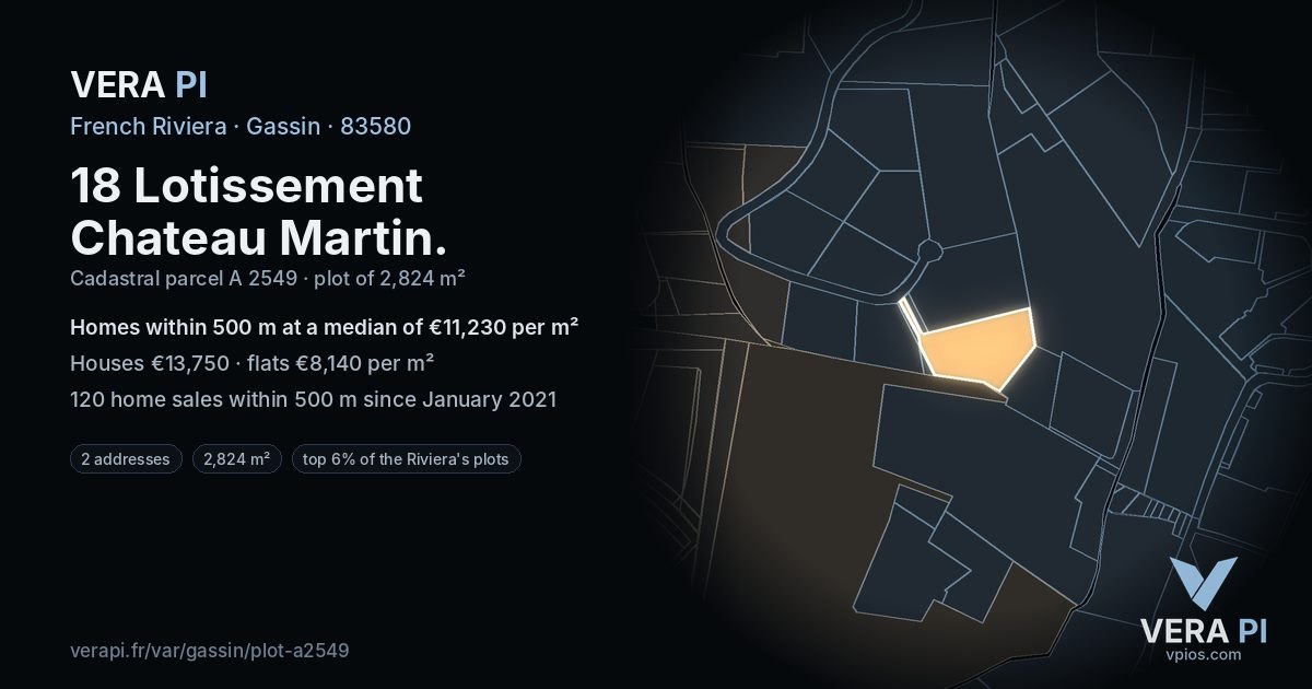 18 Lotissement Chateau Martin, Gassin at night – the plot lit, the parcels around coloured by the prices near them
