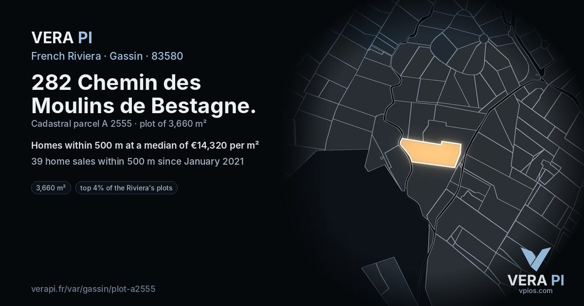 282 Chemin des Moulins de Bestagne, Gassin at night – the plot lit, the parcels around coloured by the prices near them