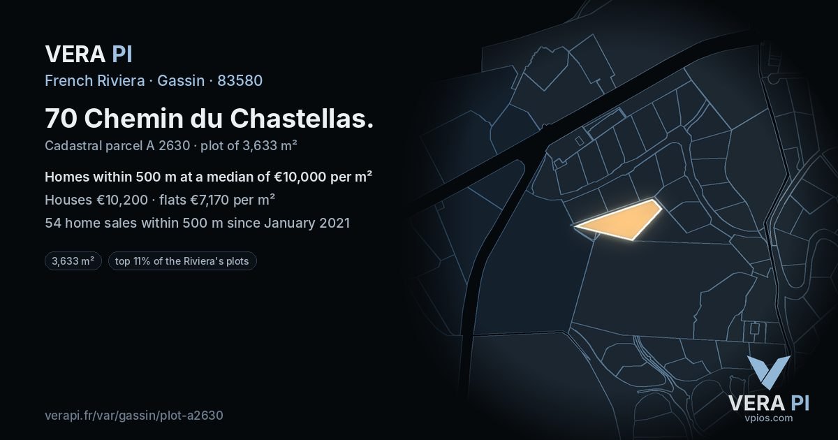 70 Chemin du Chastellas, Gassin at night – the plot lit, the parcels around coloured by the prices near them