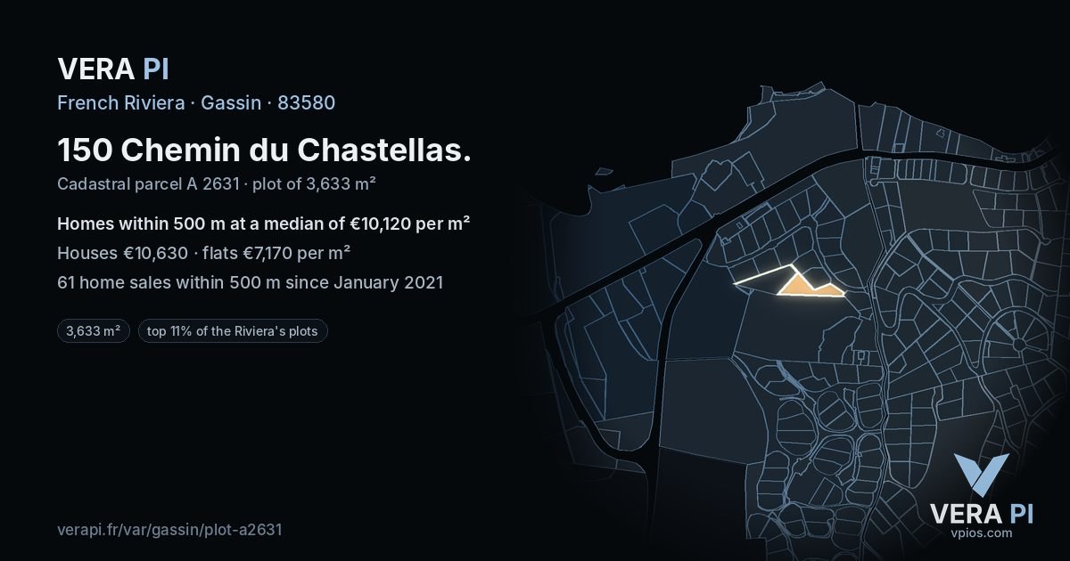 150 Chemin du Chastellas, Gassin at night – the plot lit, the parcels around coloured by the prices near them
