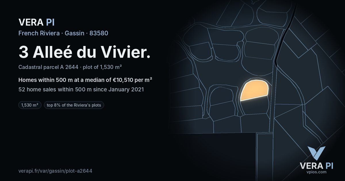 3 Alleé du Vivier, Gassin at night – the plot lit, the parcels around coloured by the prices near them