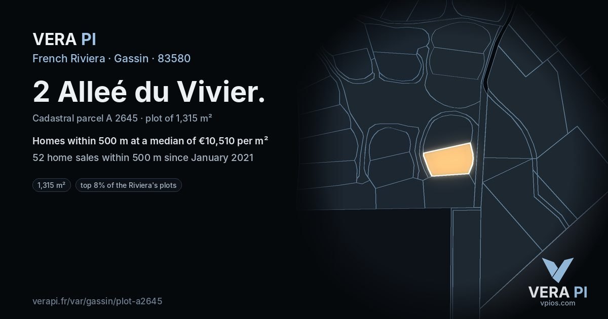2 Alleé du Vivier, Gassin at night – the plot lit, the parcels around coloured by the prices near them