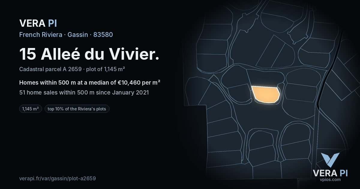 15 Alleé du Vivier, Gassin at night – the plot lit, the parcels around coloured by the prices near them