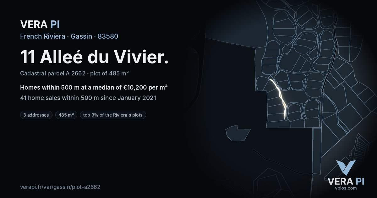 11 Alleé du Vivier, Gassin at night – the plot lit, the parcels around coloured by the prices near them