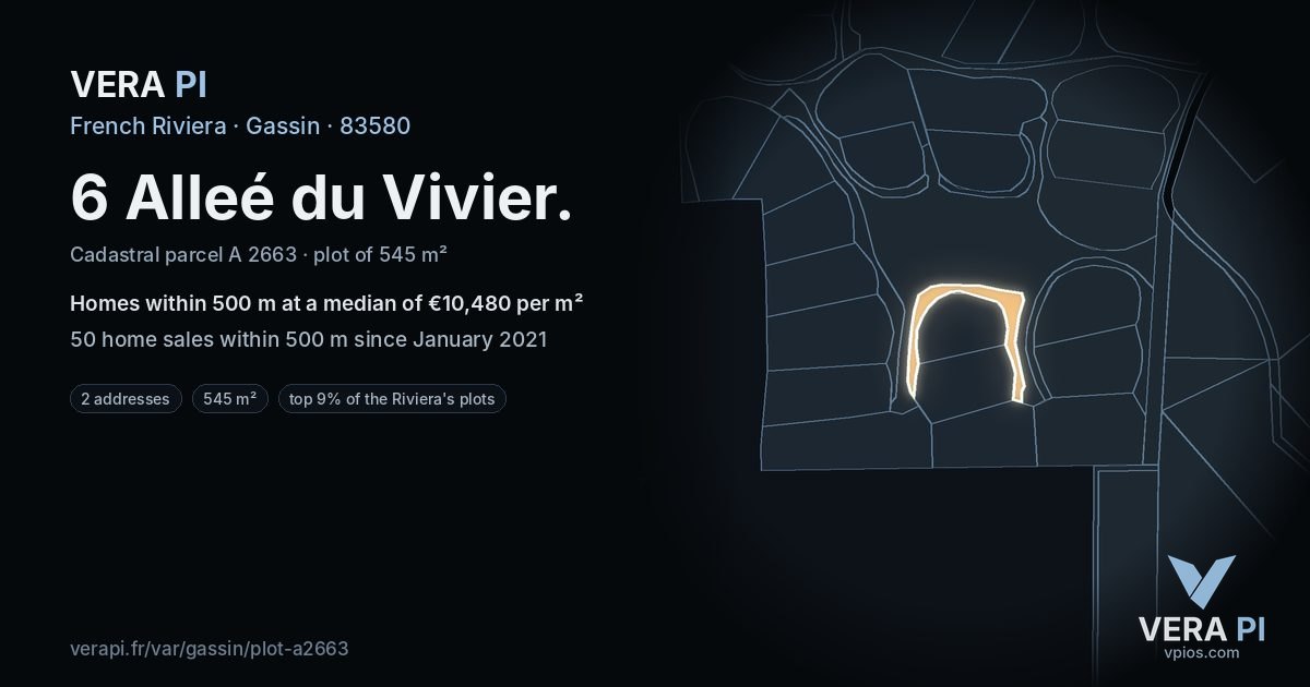 6 Alleé du Vivier, Gassin at night – the plot lit, the parcels around coloured by the prices near them