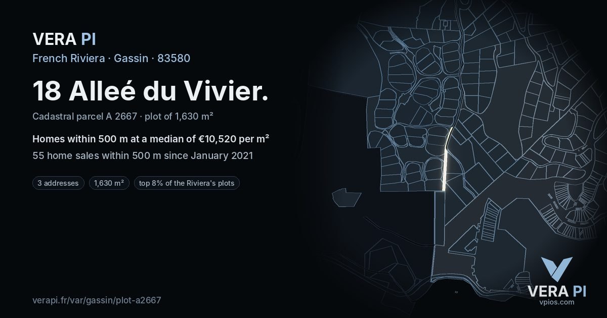 18 Alleé du Vivier, Gassin at night – the plot lit, the parcels around coloured by the prices near them