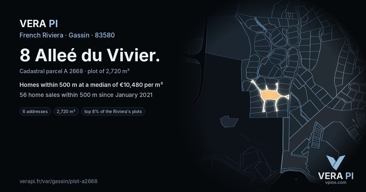 8 Alleé du Vivier, Gassin at night – the plot lit, the parcels around coloured by the prices near them