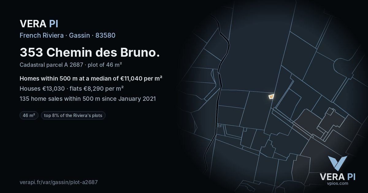 353 Chemin des Bruno, Gassin at night – the plot lit, the parcels around coloured by the prices near them