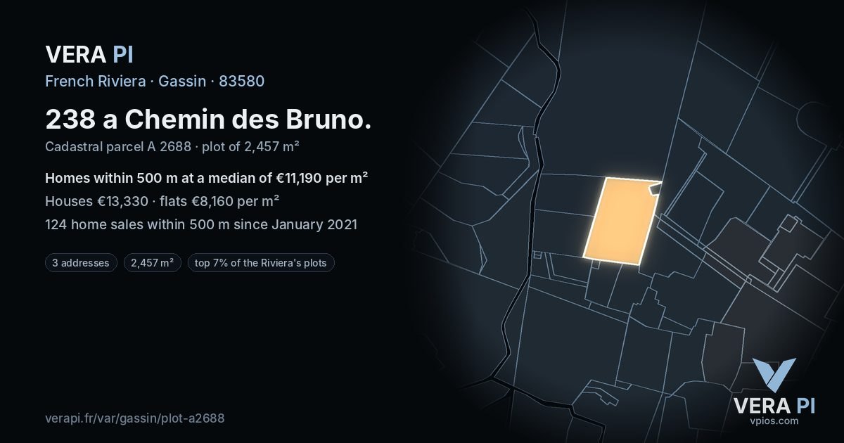 238 a Chemin des Bruno, Gassin at night – the plot lit, the parcels around coloured by the prices near them