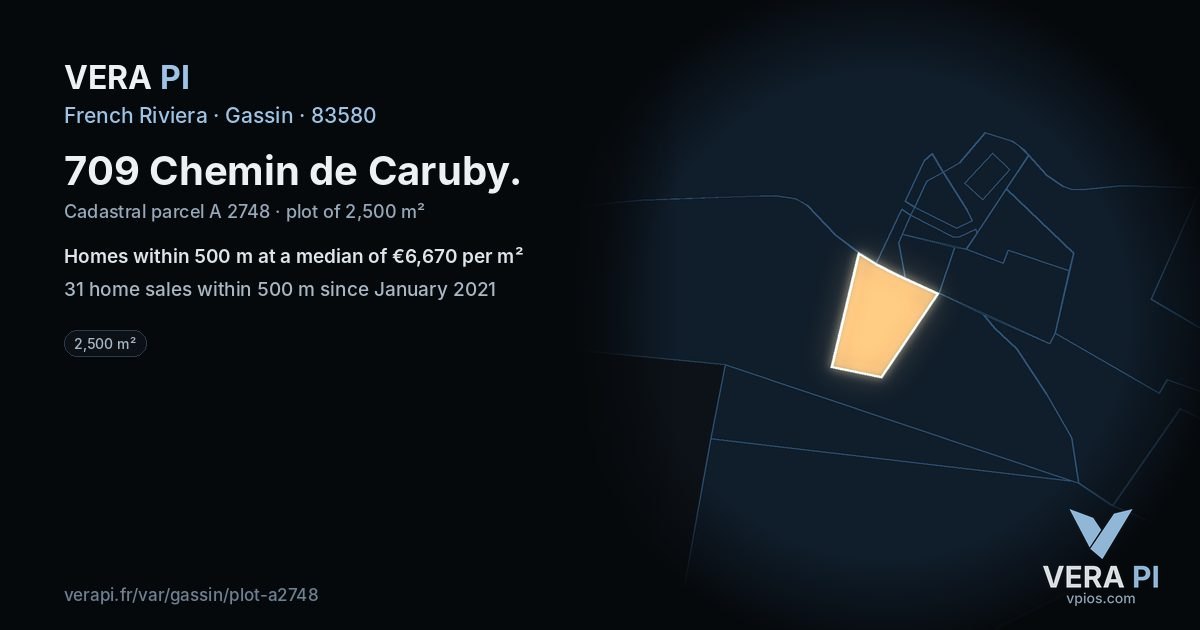 709 Chemin de Caruby, Gassin at night – the plot lit, the parcels around coloured by the prices near them