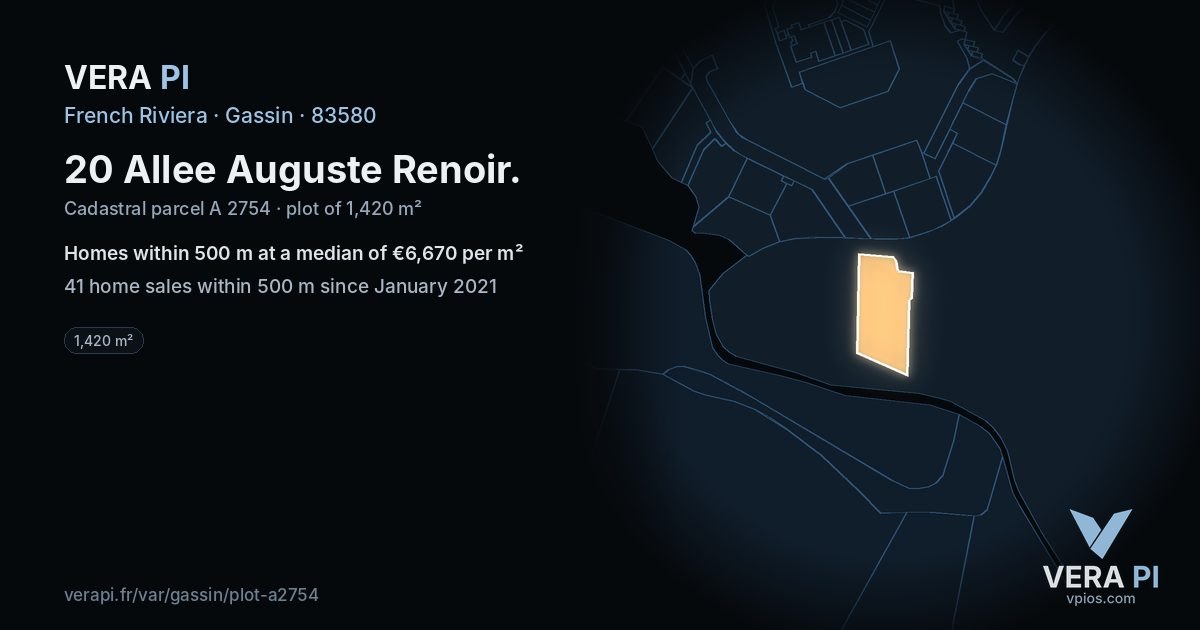 20 Allee Auguste Renoir, Gassin at night – the plot lit, the parcels around coloured by the prices near them