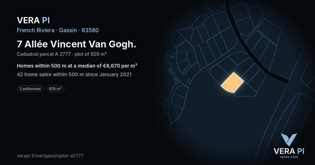 7 Allée Vincent Van Gogh, Gassin at night – the plot lit, the parcels around coloured by the prices near them