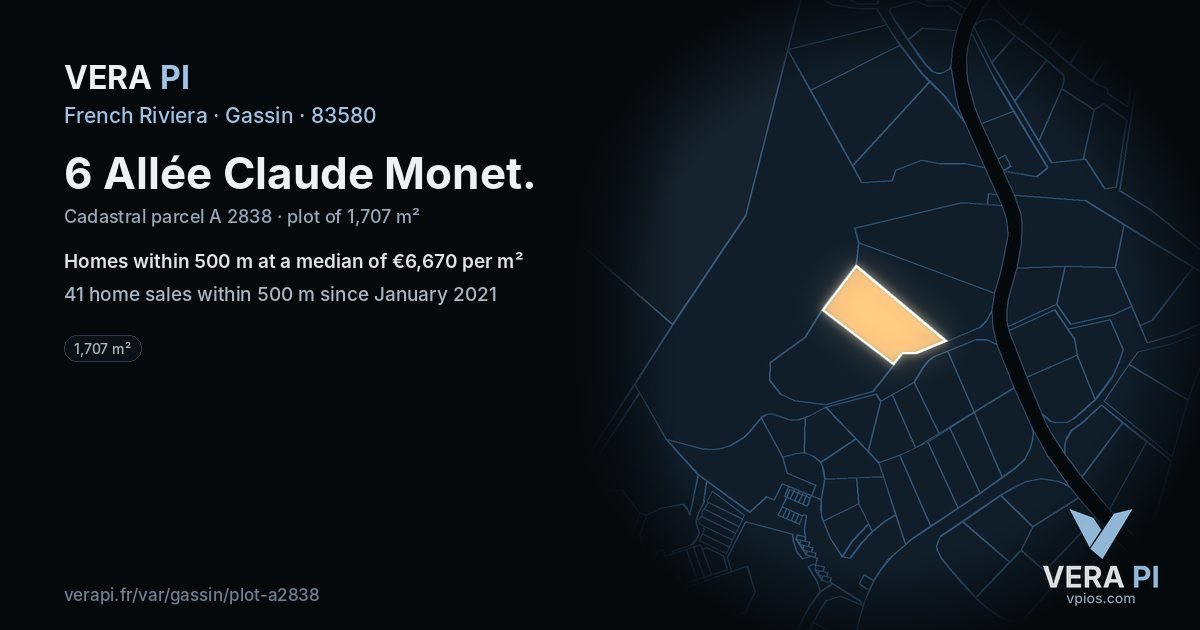 6 Allée Claude Monet, Gassin at night – the plot lit, the parcels around coloured by the prices near them