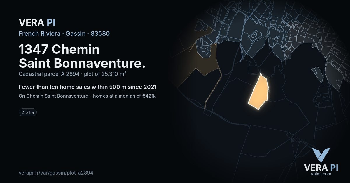 1347 Chemin Saint Bonnaventure, Gassin at night – the plot lit, the parcels around coloured by the prices near them