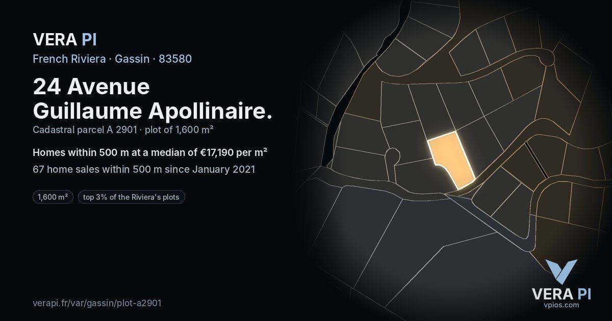 24 Avenue Guillaume Apollinaire, Gassin at night – the plot lit, the parcels around coloured by the prices near them