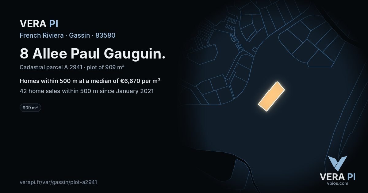 8 Allee Paul Gauguin, Gassin at night – the plot lit, the parcels around coloured by the prices near them