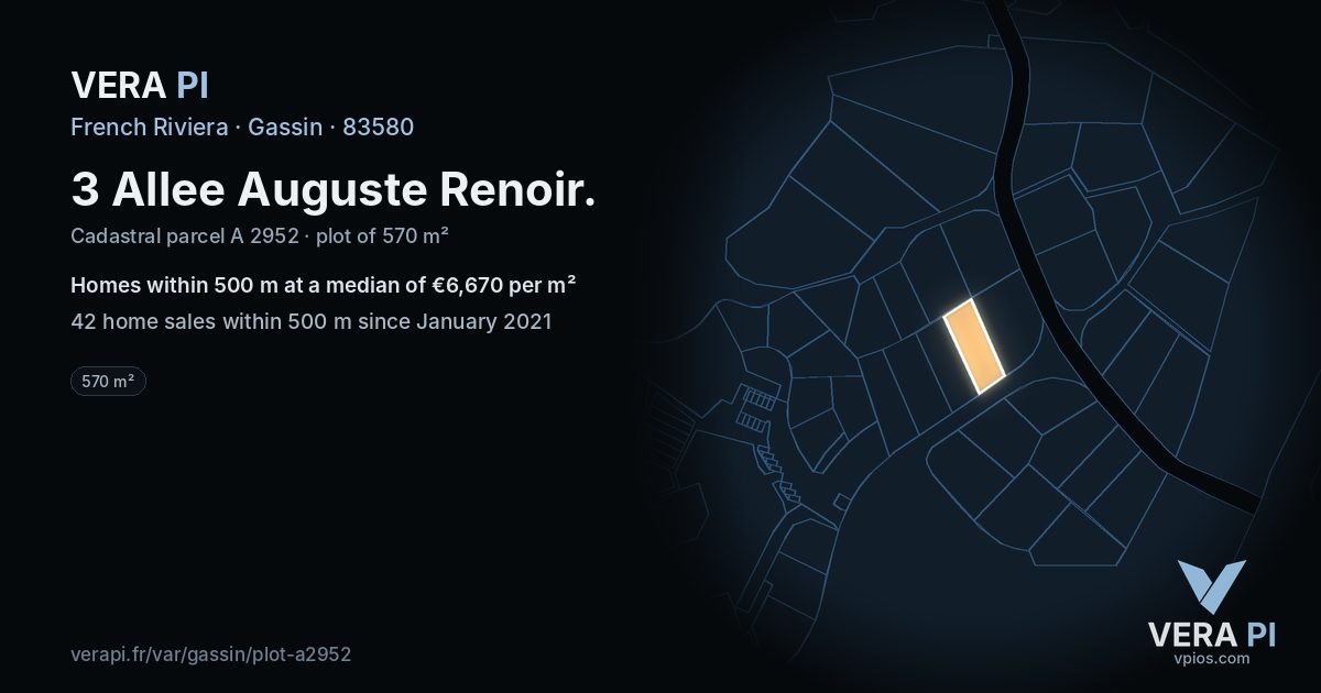 3 Allee Auguste Renoir, Gassin at night – the plot lit, the parcels around coloured by the prices near them