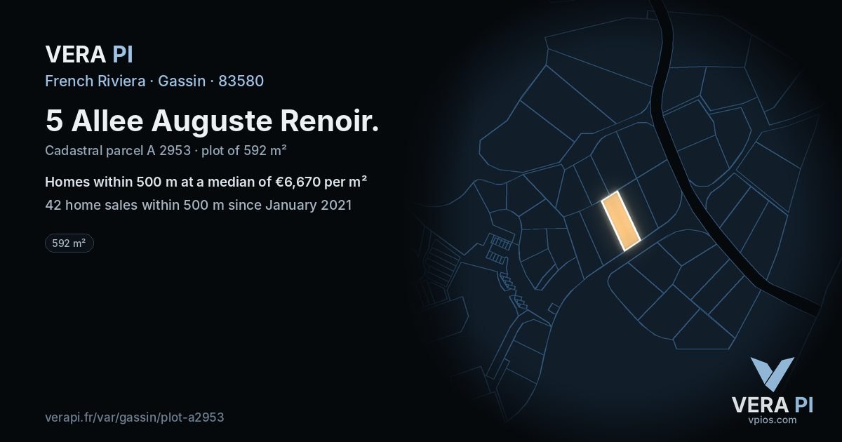 5 Allee Auguste Renoir, Gassin at night – the plot lit, the parcels around coloured by the prices near them