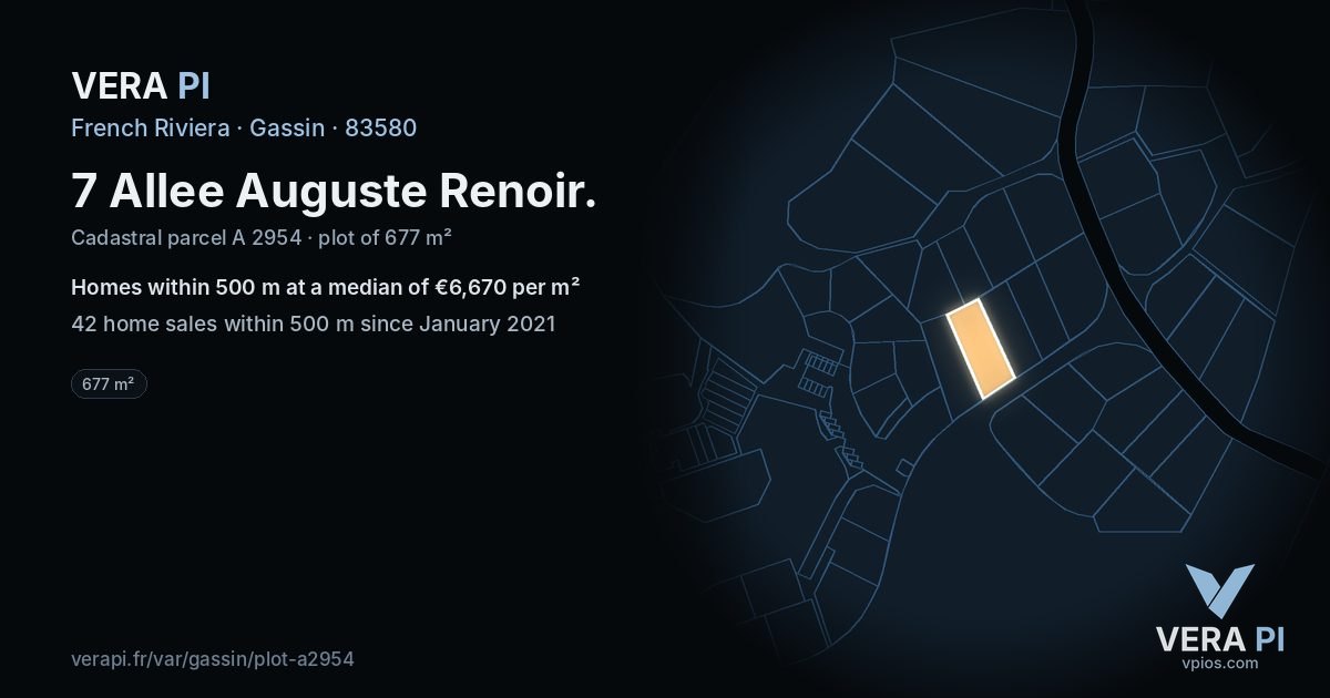 7 Allee Auguste Renoir, Gassin at night – the plot lit, the parcels around coloured by the prices near them