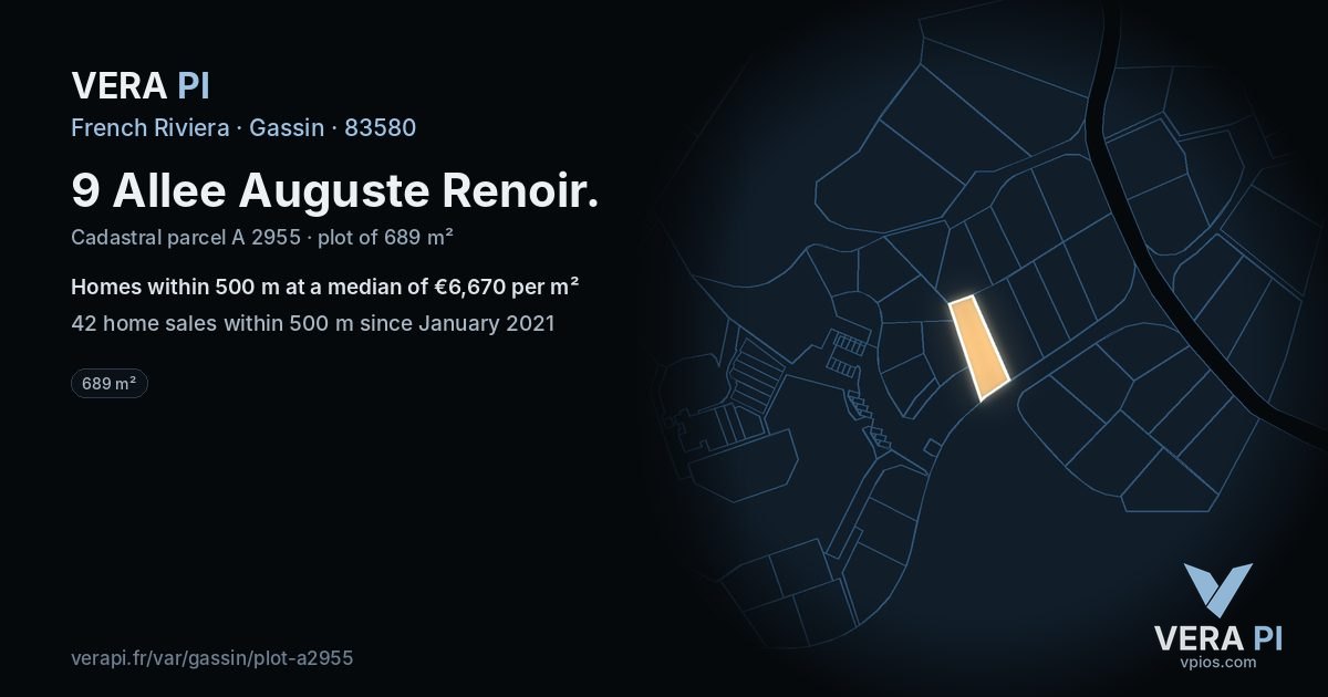 9 Allee Auguste Renoir, Gassin at night – the plot lit, the parcels around coloured by the prices near them
