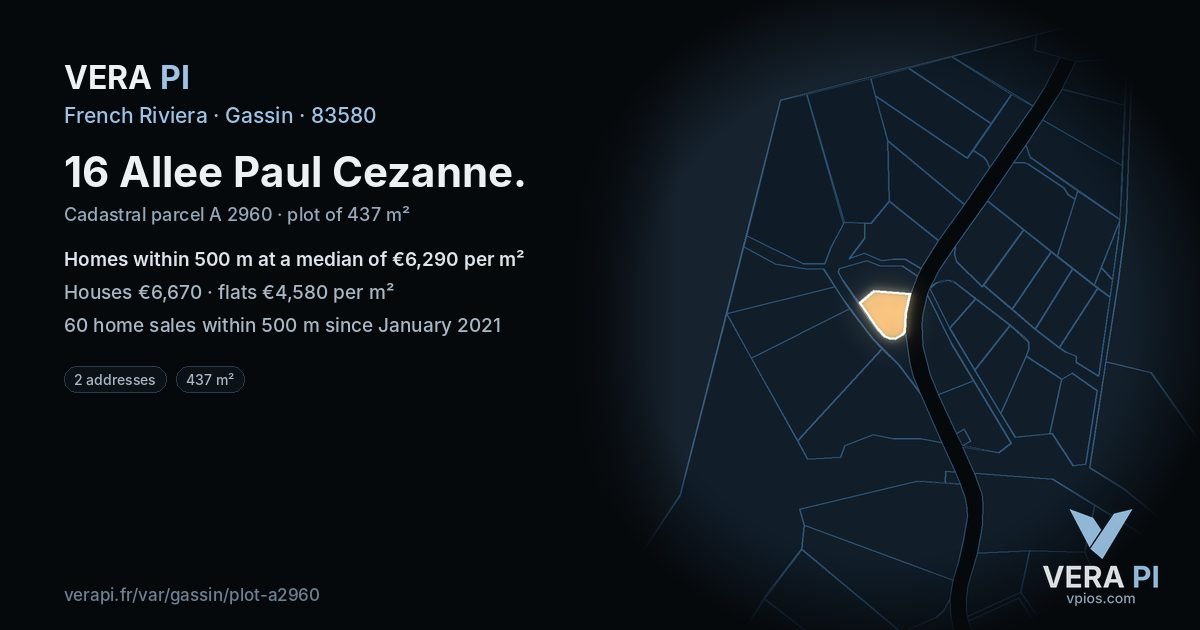 16 Allee Paul Cezanne, Gassin at night – the plot lit, the parcels around coloured by the prices near them