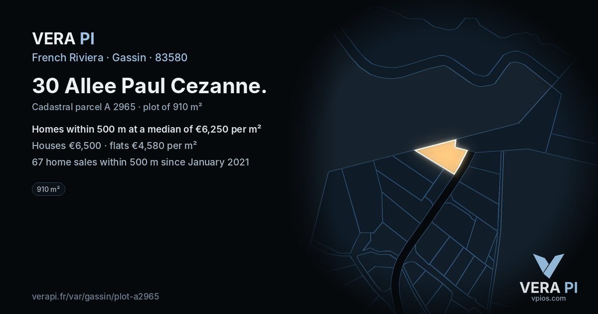 30 Allee Paul Cezanne, Gassin at night – the plot lit, the parcels around coloured by the prices near them