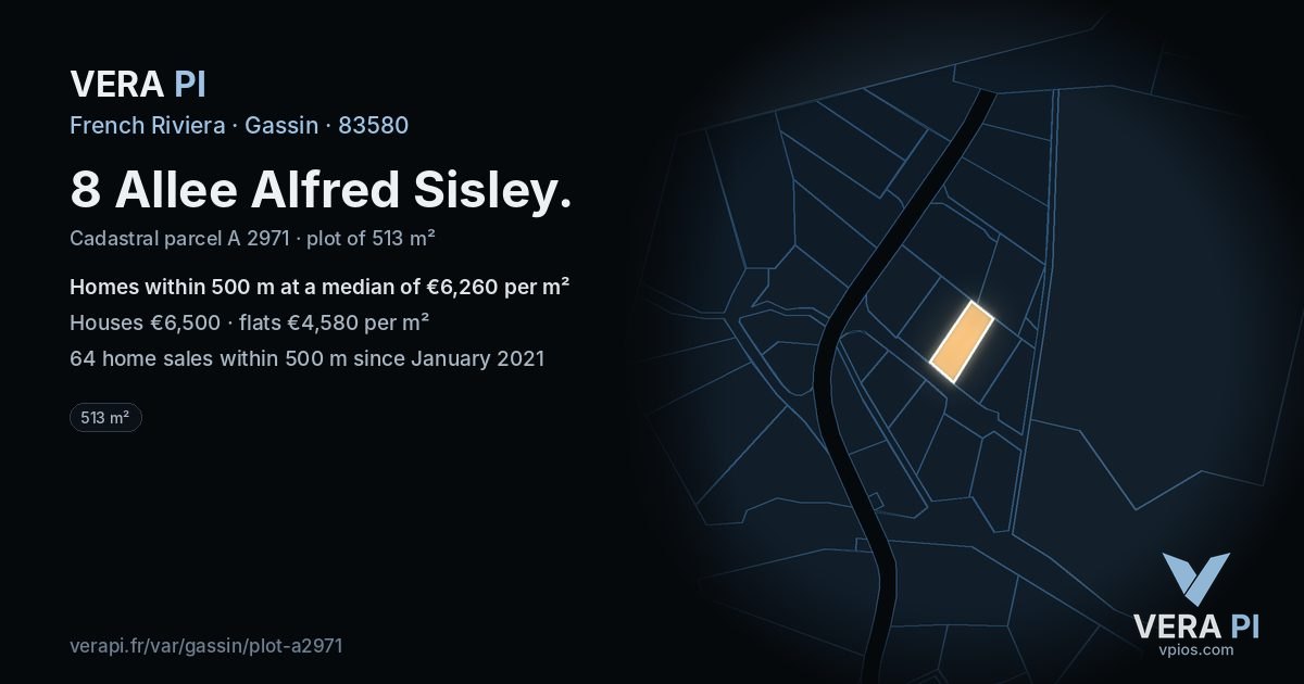 8 Allee Alfred Sisley, Gassin at night – the plot lit, the parcels around coloured by the prices near them